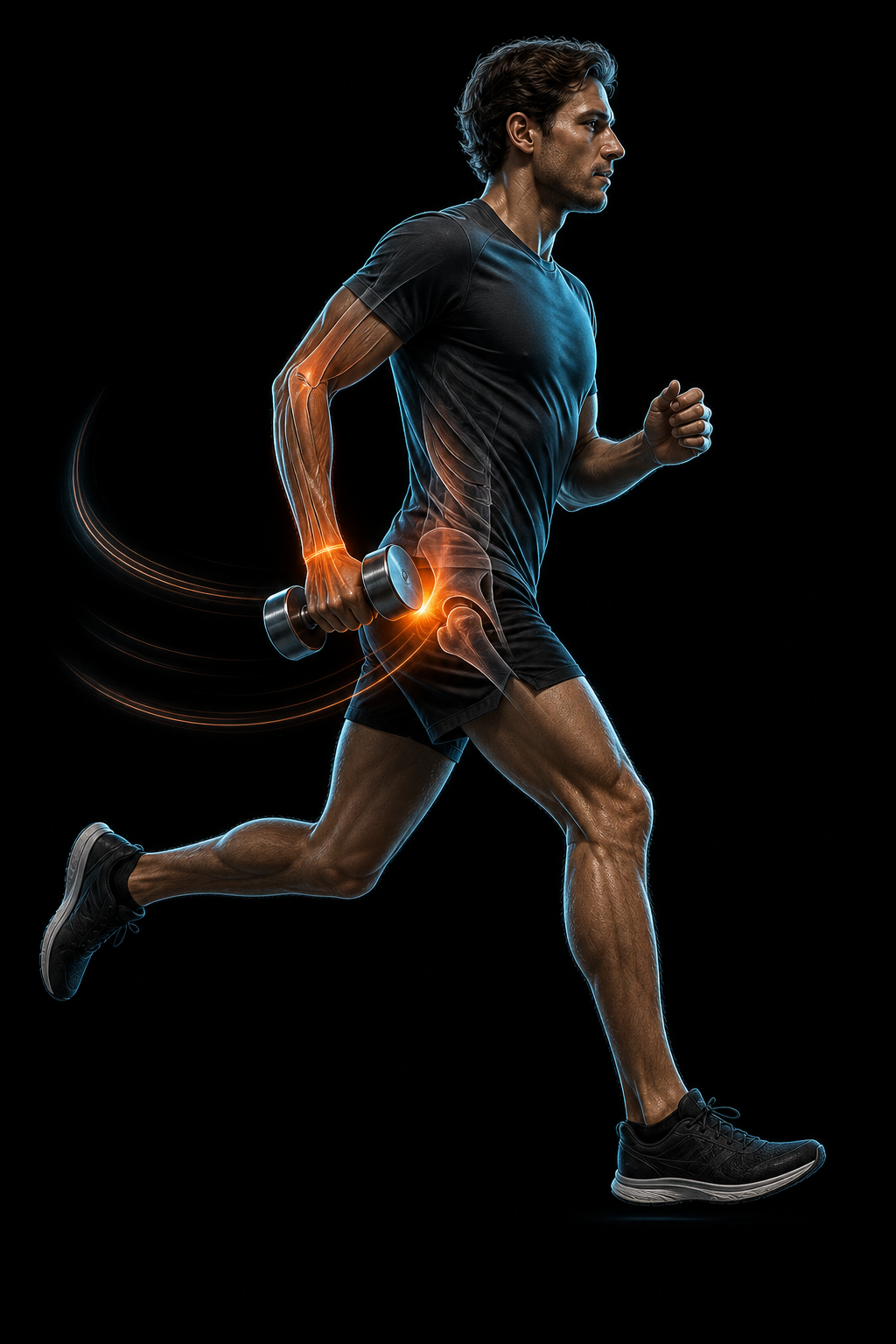 Runner carrying a conventional symmetrical dumbbell close to the hip