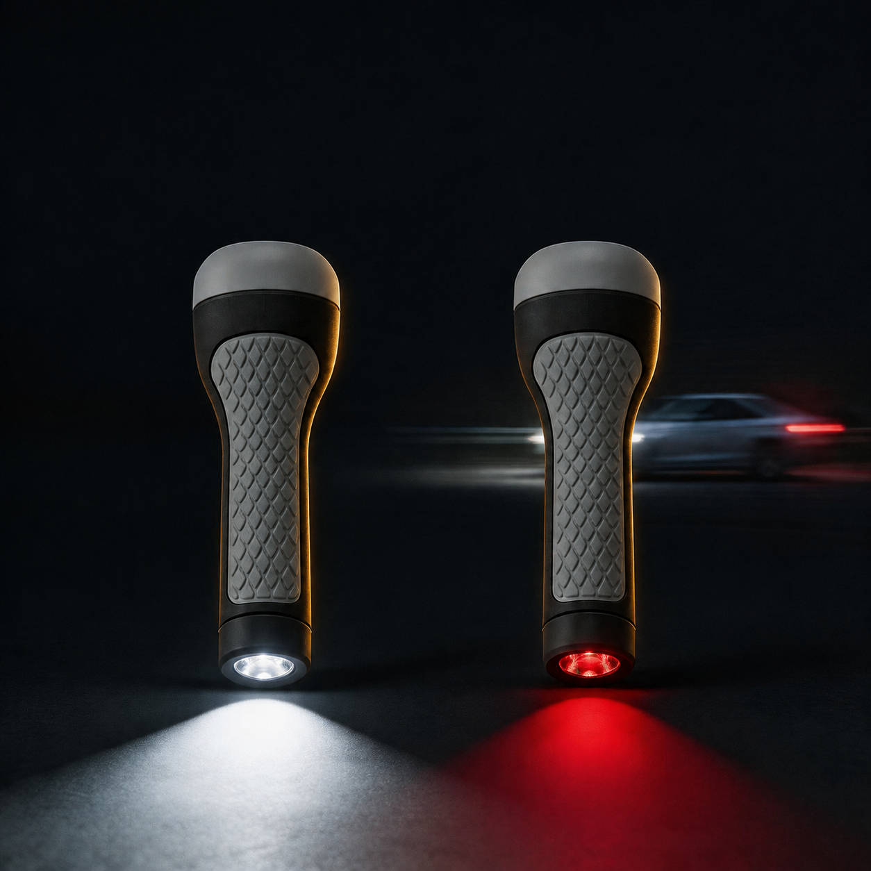RunHybrid dumbbells demonstrating white forward light and red visibility light