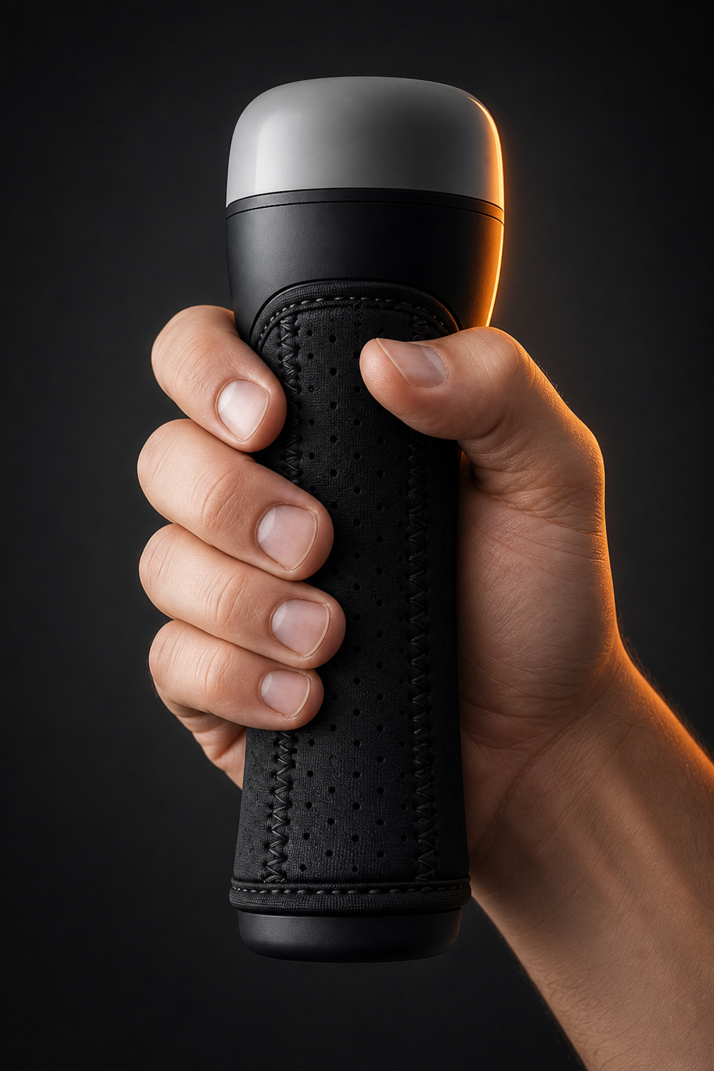 Hand holding a RunHybrid dumbbell fitted with a perforated black neoprene grip sleeve