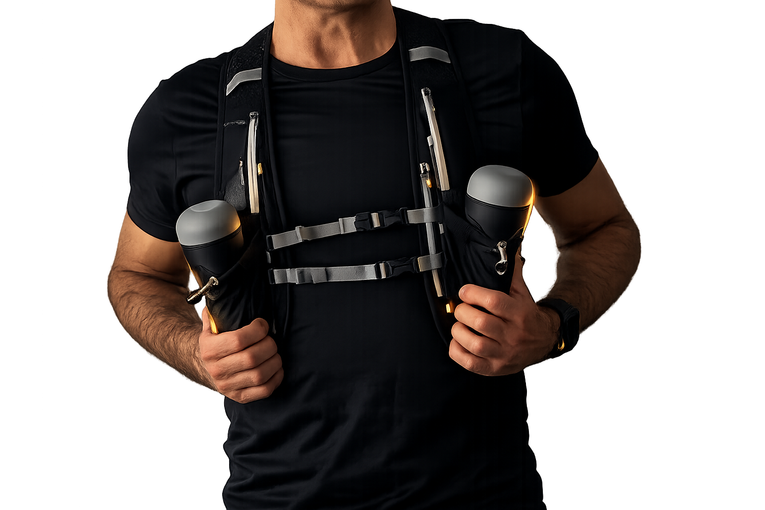 Concept running vest with two front RunHybrid dumbbell storage pockets